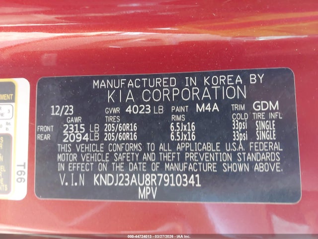 Aukcja sprzedaży 2024 Kia Soul Lx, vin: KNDJ23AU8R7910341, numer aukcji: 44724013
