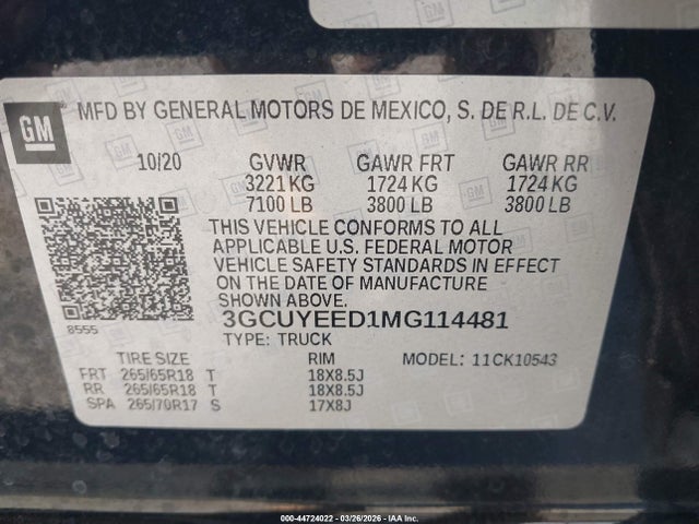 Продажа на аукционе авто 2021 Chevrolet Silverado 1500, vin: 3GCUYEED1MG114481, номер лота: 44724022