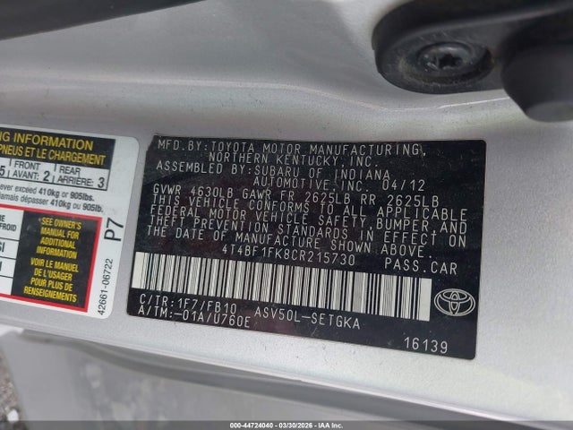 Aukcja sprzedaży 2012 Toyota Camry Xle, vin: 4T4BF1FK8CR215730, numer aukcji: 44724040
