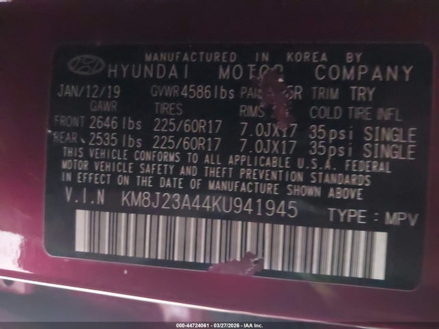 44724061 :رقم المزاد ، KM8J23A44KU941945 vin ، 2019 Hyundai Tucson Se مزاد بيع