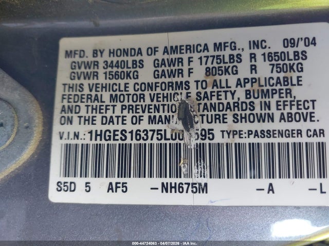 Продаж на аукціоні авто 2005 Honda Civic Vp, vin: 1HGES16375L001595, номер лоту: 44724063