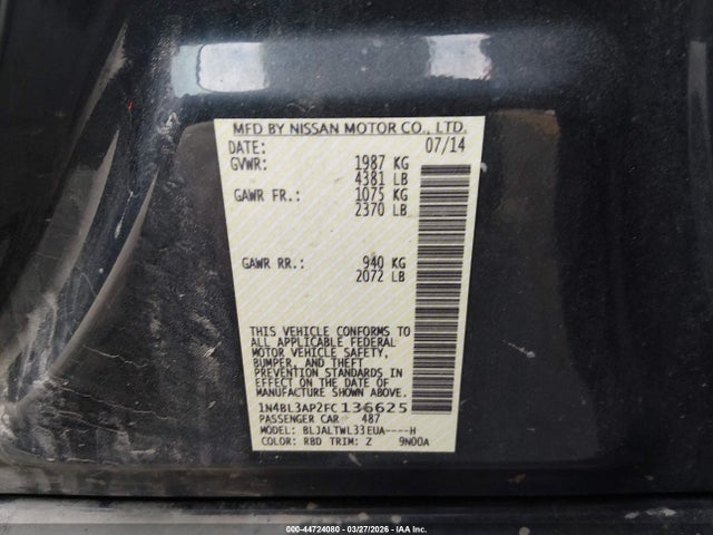 2015 Nissan Altima 3.5 Sl მანქანა იყიდება აუქციონზე, vin: 1N4BL3AP2FC136625, აუქციონის ნომერი: 44724080