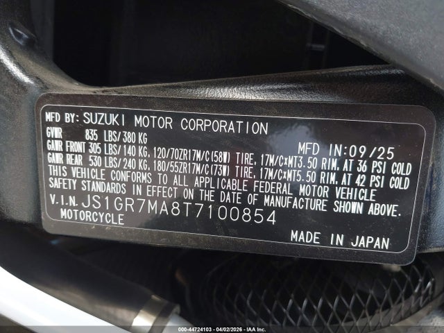 2026 Suzuki Gsx-r750 მანქანა იყიდება აუქციონზე, vin: JS1GR7MA8T7100854, აუქციონის ნომერი: 44724103