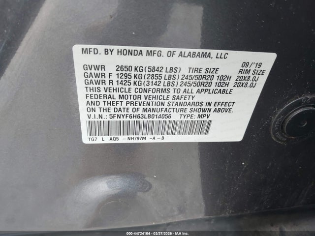 Aukcja sprzedaży 2020 Honda Pilot Awd Touring 7 Passenger, vin: 5FNYF6H63LB014056, numer aukcji: 44724104