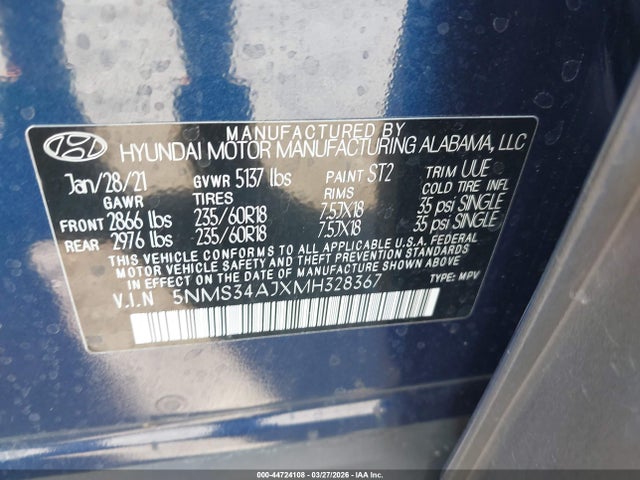 44724108 :رقم المزاد ، 5NMS34AJXMH328367 vin ، 2021 Hyundai Santa Fe Sel مزاد بيع