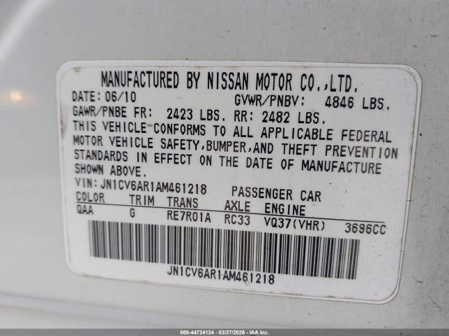 44724134 :رقم المزاد ، JN1CV6AR1AM461218 vin ، 2010 Infiniti G37x مزاد بيع