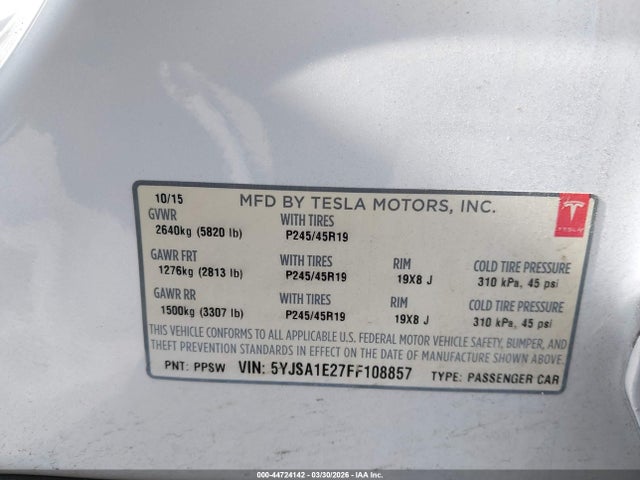 Aukcja sprzedaży 2015 Tesla Model S 70d/85d/p85d, vin: 5YJSA1E27FF108857, numer aukcji: 44724142