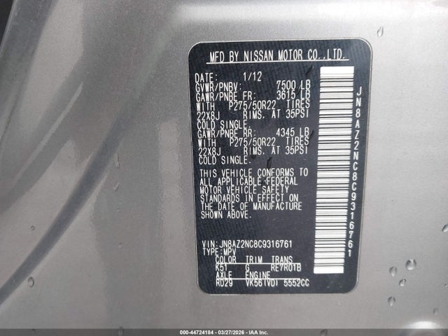 2012 Infiniti Qx56 მანქანა იყიდება აუქციონზე, vin: JN8AZ2NC8C9316761, აუქციონის ნომერი: 44724184