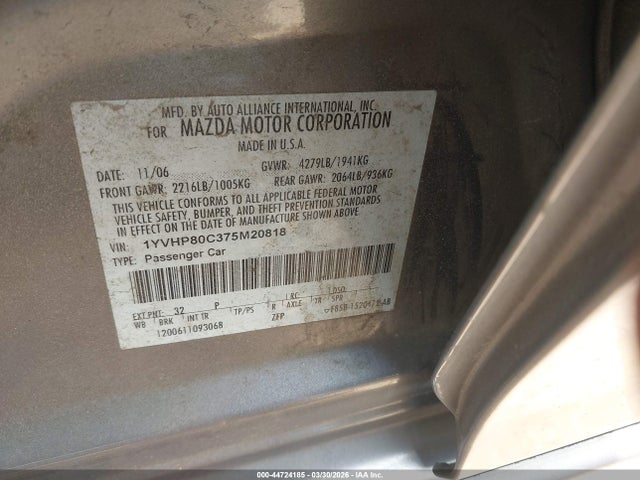 44724185 :رقم المزاد ، 1YVHP80C375M20818 vin ، 2007 Mazda Mazda6 I Sport Ve مزاد بيع