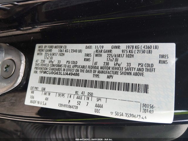 Продаж на аукціоні авто 2020 Ford Escape Se, vin: 1FMCU0G63LUA49486, номер лоту: 44724202