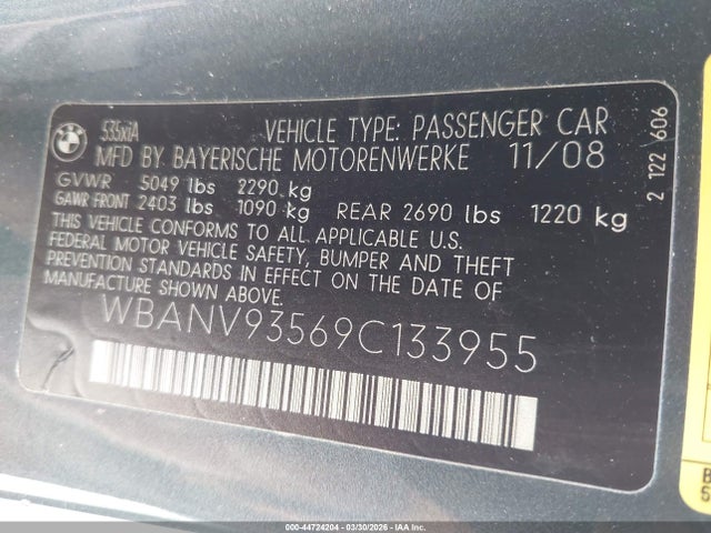 Продаж на аукціоні авто 2009 Bmw 535i Xdrive, vin: WBANV93569C133955, номер лоту: 44724204