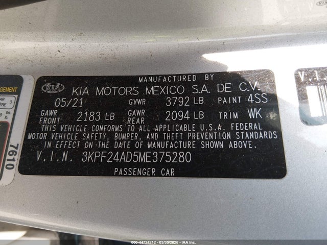 44724212 :رقم المزاد ، 3KPF24AD5ME375280 vin ، 2021 Kia Forte Lxs مزاد بيع
