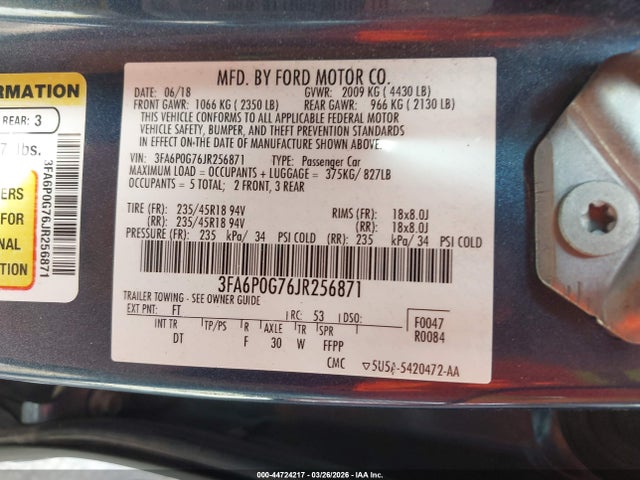 Продаж на аукціоні авто 2018 Ford Fusion S, vin: 3FA6P0G76JR256871, номер лоту: 44724217