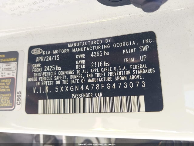 2015 Kia Optima Ex მანქანა იყიდება აუქციონზე, vin: 5XXGN4A78FG473073, აუქციონის ნომერი: 44724218