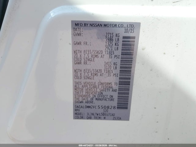 2015 Infiniti Qx60 მანქანა იყიდება აუქციონზე, vin: 5N1AL0MM2FC550828, აუქციონის ნომერი: 44724221