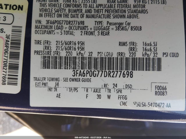 Aukcja sprzedaży 2013 Ford Fusion S, vin: 3FA6P0G77DR277698, numer aukcji: 44724245