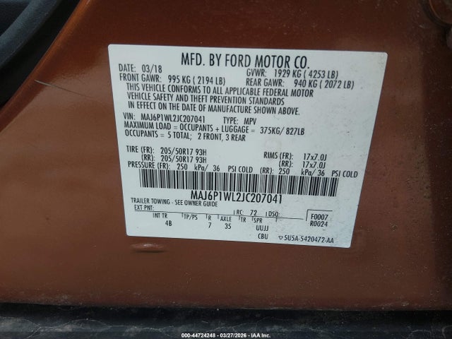 Aukcja sprzedaży 2018 Ford Ecosport Titanium, vin: MAJ6P1WL2JC207041, numer aukcji: 44724248