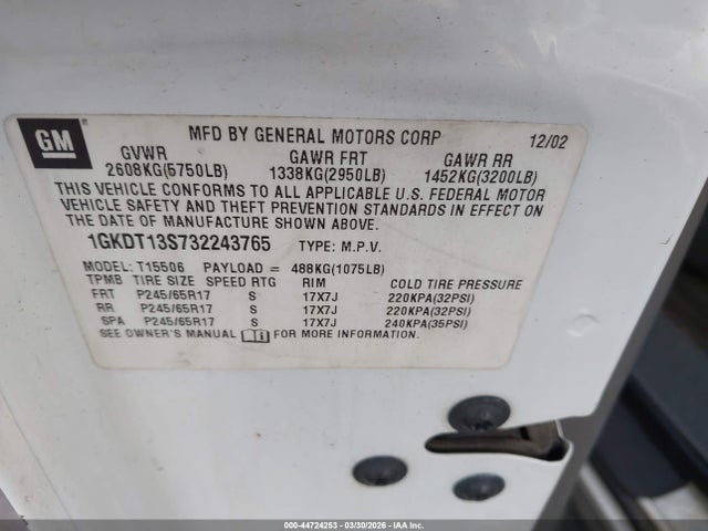 Aukcja sprzedaży 2003 Gmc Envoy Sle, vin: 1GKDT13S732243765, numer aukcji: 44724253