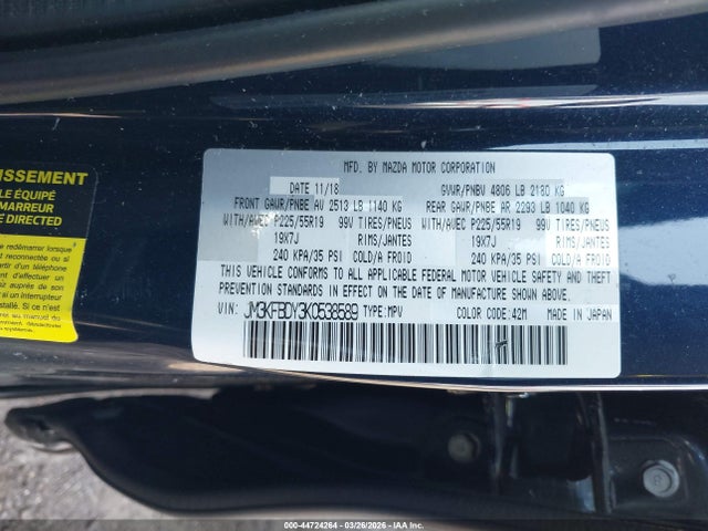 44724264 :رقم المزاد ، JM3KFBDY3K0538589 vin ، 2019 Mazda Cx-5 Grand Touring Reserve مزاد بيع