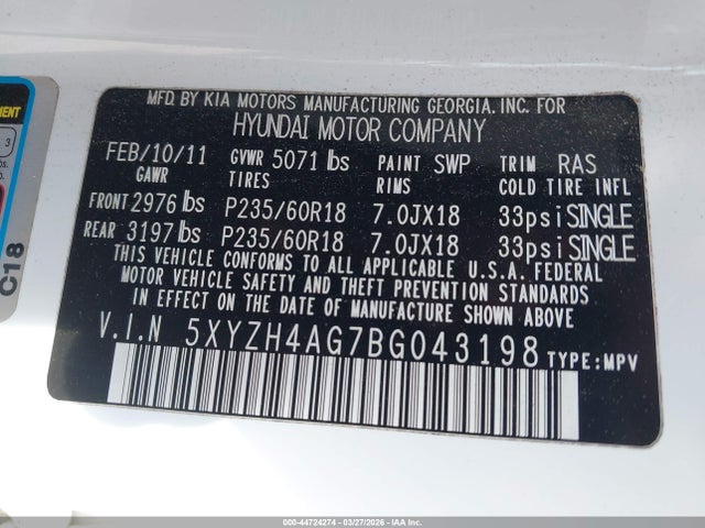 Aukcja sprzedaży 2011 Hyundai Santa Fe Se, vin: 5XYZH4AG7BG043198, numer aukcji: 44724274