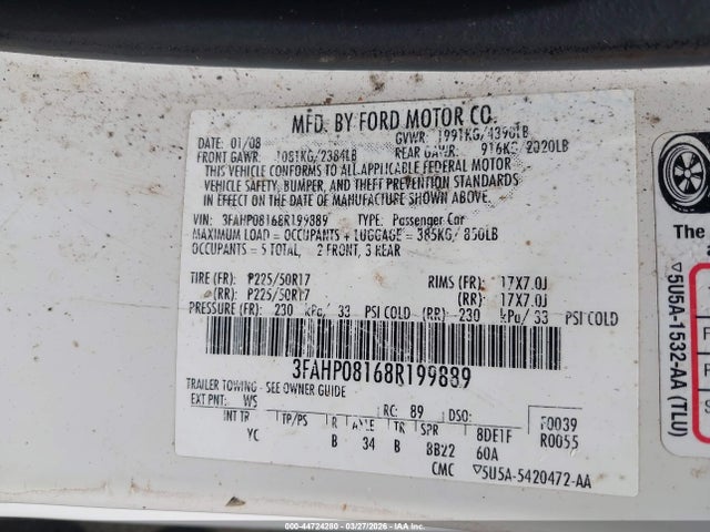 2008 FORD FUSION 3FAHP08168R199889 Photo 8