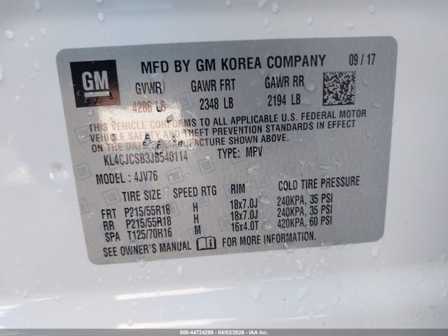 2018 Buick Encore Essence მანქანა იყიდება აუქციონზე, vin: KL4CJCSB3JB540114, აუქციონის ნომერი: 44724298