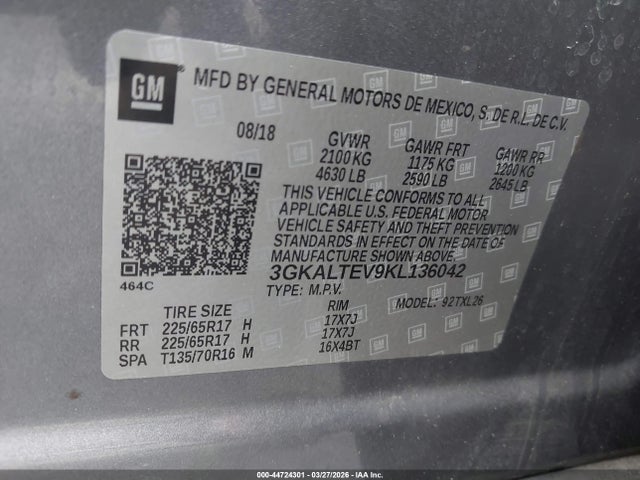 44724301 :رقم المزاد ، 3GKALTEV9KL136042 vin ، 2019 Gmc Terrain Sle مزاد بيع