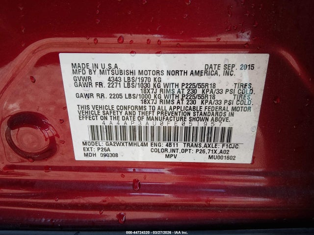 Aukcja sprzedaży 2015 Mitsubishi Outlander Sport Es, vin: 4A4AP3AU0FE051957, numer aukcji: 44724320
