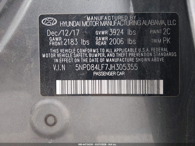 44724338 :رقم المزاد ، 5NPD84LF7JH305355 vin ، 2018 Hyundai Elantra Sel مزاد بيع