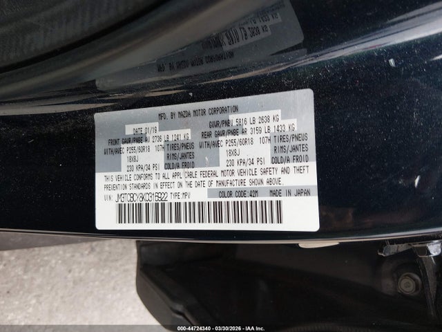 44724340 :رقم المزاد ، JM3TCBCY8K0316922 vin ، 2019 Mazda Cx-9 Touring مزاد بيع