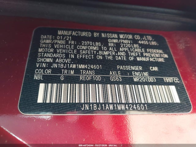 2021 Nissan Rogue Sport S Awd Xtronic Cvt მანქანა იყიდება აუქციონზე, vin: JN1BJ1AW1MW424601, აუქციონის ნომერი: 44724344