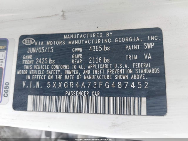 2015 Kia Optima Sx მანქანა იყიდება აუქციონზე, vin: 5XXGR4A73FG487452, აუქციონის ნომერი: 44724349