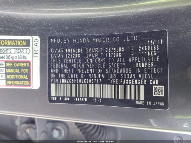 Aukcja sprzedaży 2018 Honda Clarity Plug-in Hybrid, vin: JHMZC5F10JC003717, numer aukcji: 44724368