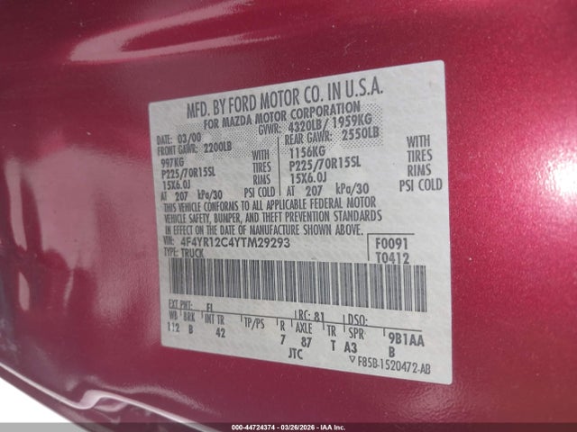 Aukcja sprzedaży 2000 Mazda B2500 Se/sx, vin: 4F4YR12C4YTM29293, numer aukcji: 44724374