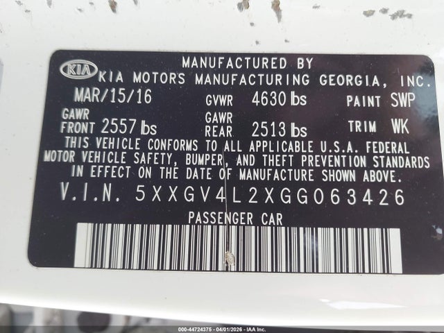 Aukcja sprzedaży 2016 Kia Optima Sxl Turbo, vin: 5XXGV4L2XGG063426, numer aukcji: 44724375