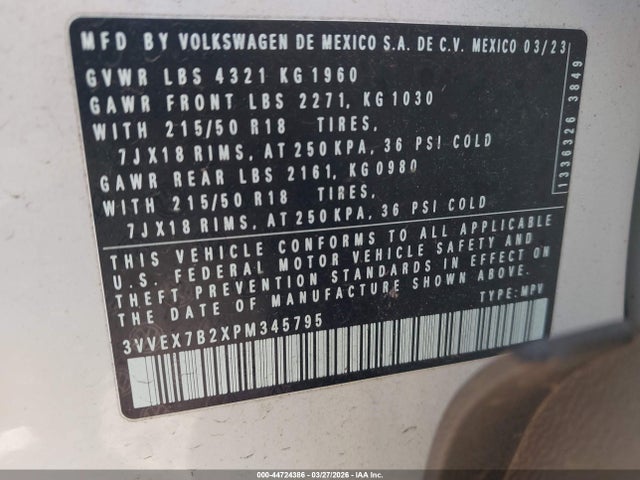 Aukcja sprzedaży 2023 Volkswagen Taos 1.5t Se, vin: 3VVEX7B2XPM345795, numer aukcji: 44724386