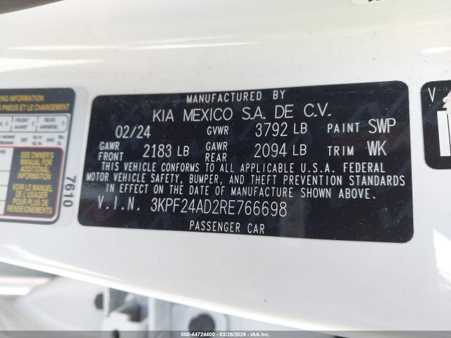 2024 Kia Forte Lxs მანქანა იყიდება აუქციონზე, vin: 3KPF24AD2RE766698, აუქციონის ნომერი: 44724400