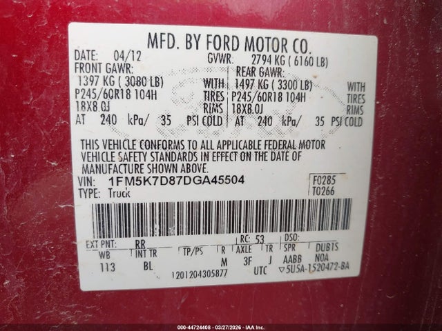 Продаж на аукціоні авто 2013 Ford Explorer Xlt, vin: 1FM5K7D87DGA45504, номер лоту: 44724408