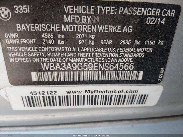 Aukcja sprzedaży 2014 Bmw 335i, vin: WBA3A9G59ENS64566, numer aukcji: 44724429