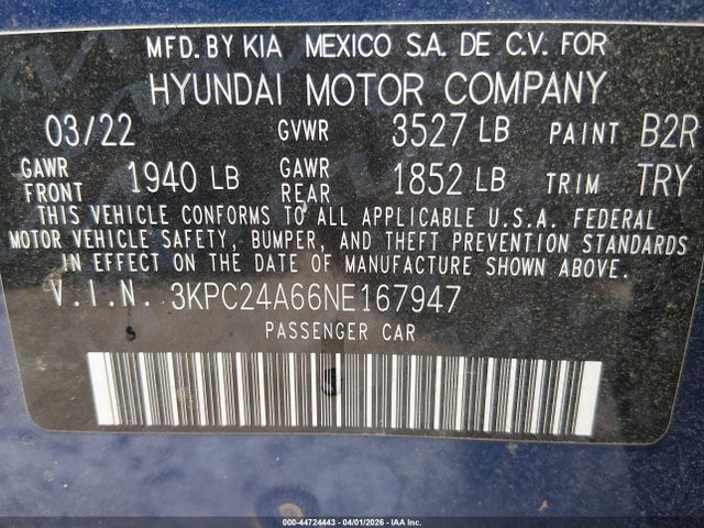 3KPC24A66NE167947 Hyundai ACCENT SE