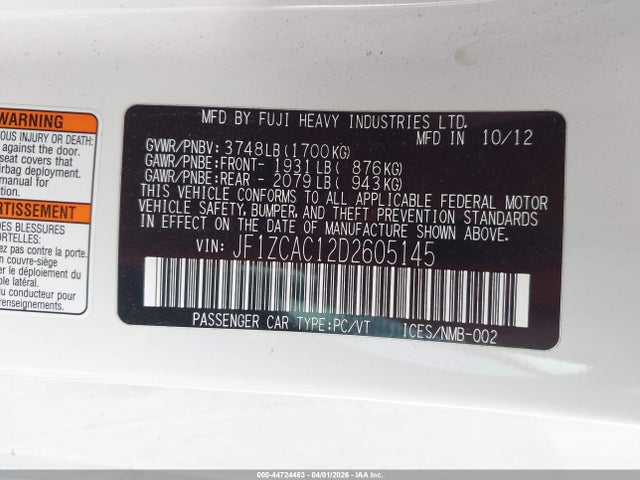 Продаж на аукціоні авто 2013 Subaru Brz Limited, vin: JF1ZCAC12D2605145, номер лоту: 44724463