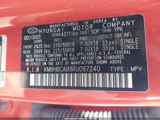 44724485 :رقم المزاد ، KM8HBCAB8RU097240 vin ، 2024 Hyundai Kona Sel مزاد بيع