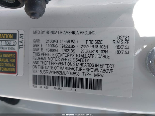 5J6RW1H52ML004898 Honda Cr-v 2wd Ex