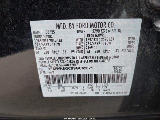 2025 Ford Explorer St მანქანა იყიდება აუქციონზე, vin: 1FMWK8GC9SGC62821, აუქციონის ნომერი: 44724501