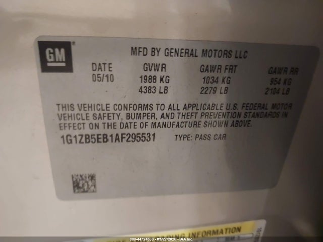 Aukcja sprzedaży 2010 Chevrolet Malibu Ls, vin: 1G1ZB5EB1AF295531, numer aukcji: 44724503