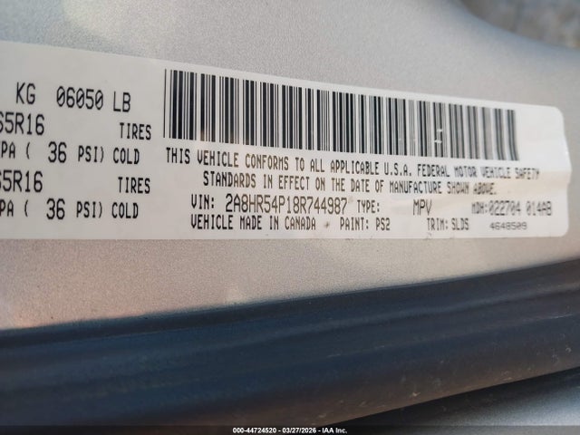 2008 Chrysler Town & Country Touring მანქანა იყიდება აუქციონზე, vin: 2A8HR54P18R744987, აუქციონის ნომერი: 44724520