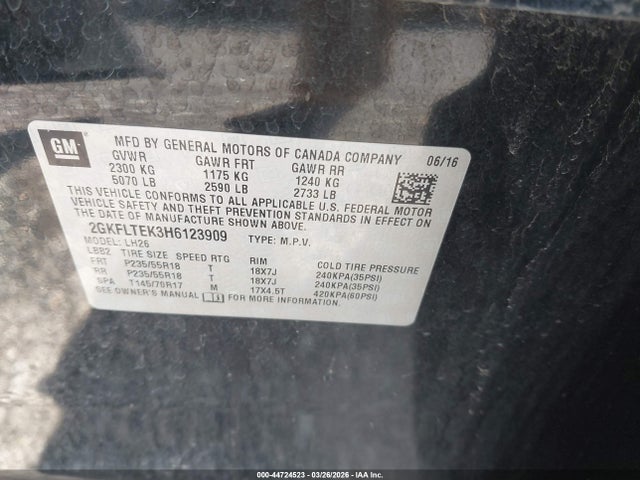 44724523 :رقم المزاد ، 2GKFLTEK3H6123909 vin ، 2017 Gmc Terrain Sle-2 مزاد بيع