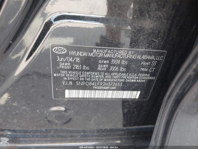 Aukcja sprzedaży 2018 Hyundai Elantra Sel, vin: 5NPD84LF9JH372653, numer aukcji: 44724551