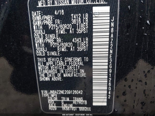 Aukcja sprzedaży 2016 Infiniti Qx80 Limited, vin: JN8AZ2NE2G9126042, numer aukcji: 44724567