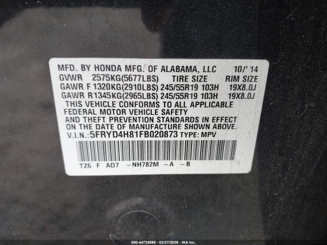 Aukcja sprzedaży 2015 Acura Mdx Advance Pkg W/entertainment Pkg, vin: 5FRYD4H81FB020873, numer aukcji: 44724568